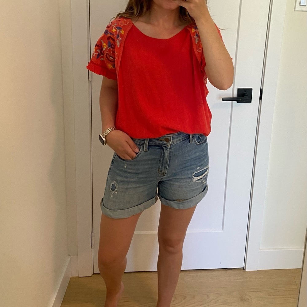Umgee Orange-Red Embellished Short Sleeve Blouse